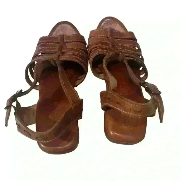 Bed Stu Woven Sling Back Brown Leather Wooden Wedge Sandals Women Sz 8 - Picture 5 of 7